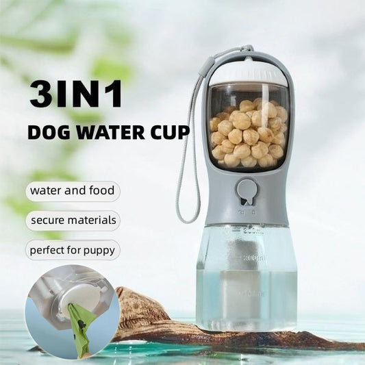 Ultimate 3-in-1 Pet Travel Bottle: Water, Food, & Waste Bag Storage